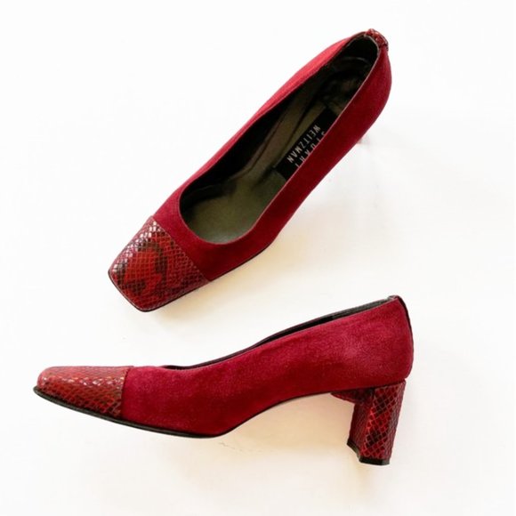 Stuart Weitzman Vintage Red Suede Block Heel Pumps | Snakeskin Toe - Picture 1 of 15